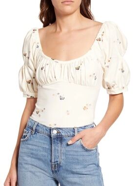 FREE PEOPLEPlay Date Floral Print Stretch Cotton Bodysuit in Blue